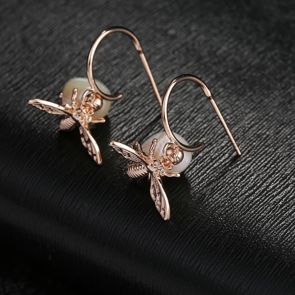 Yellow Gold Pearl Drop Delicate Bee Earrings - Picture 4 of 5